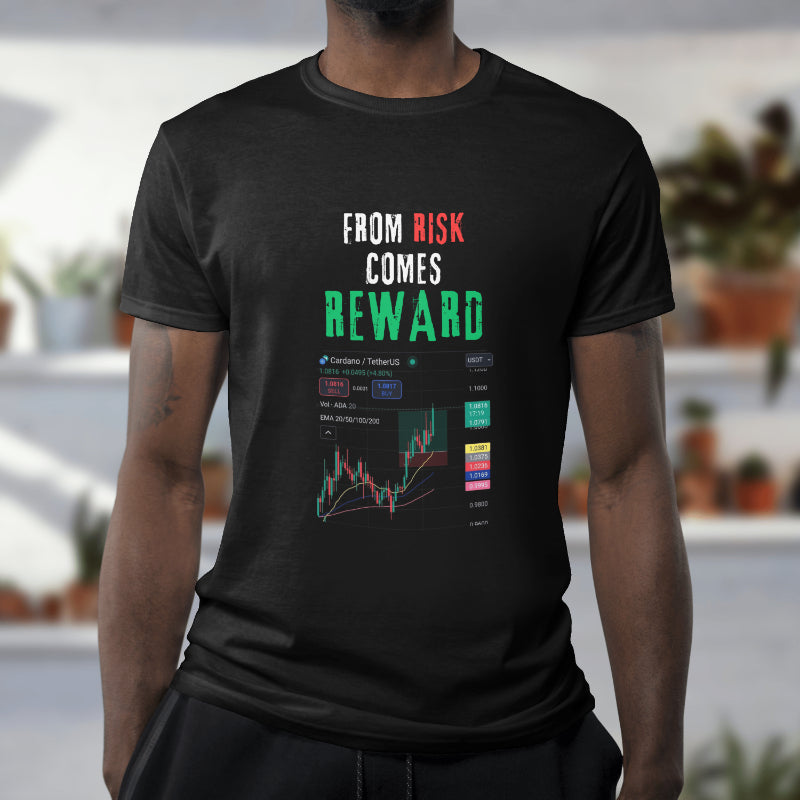 Trading t-shirt with motivational quote and customizable trading chart – perfect gift for crypto and stock traders