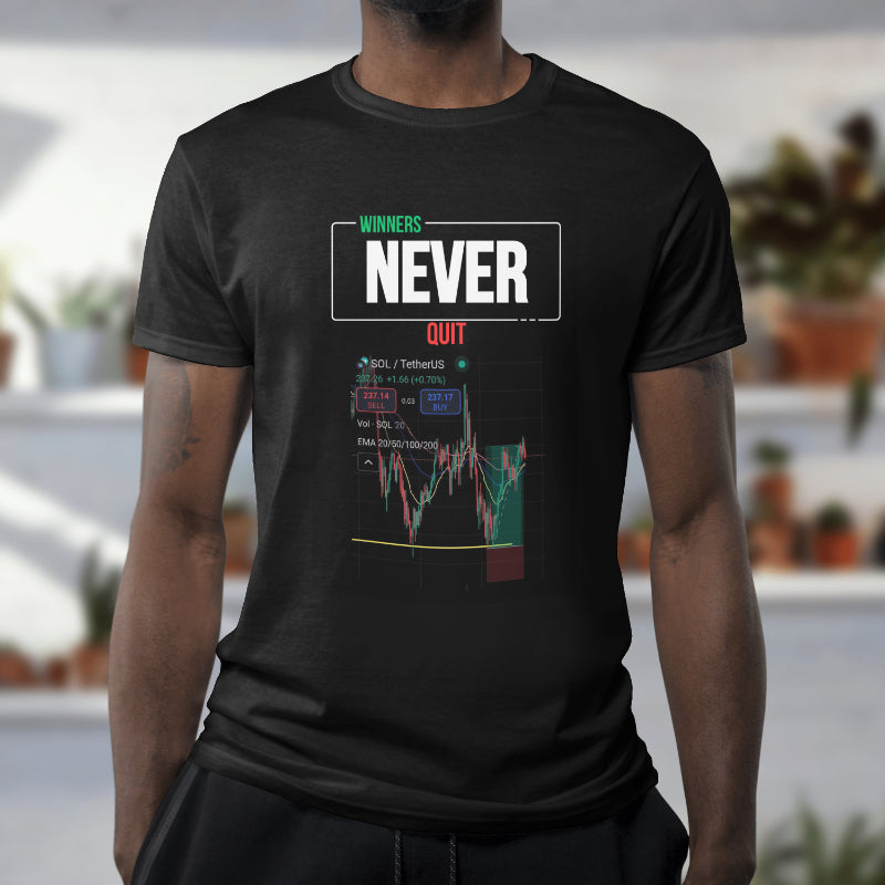 Trading t-shirt with motivational quote and customizable trading chart – perfect gift for crypto and stock traders
