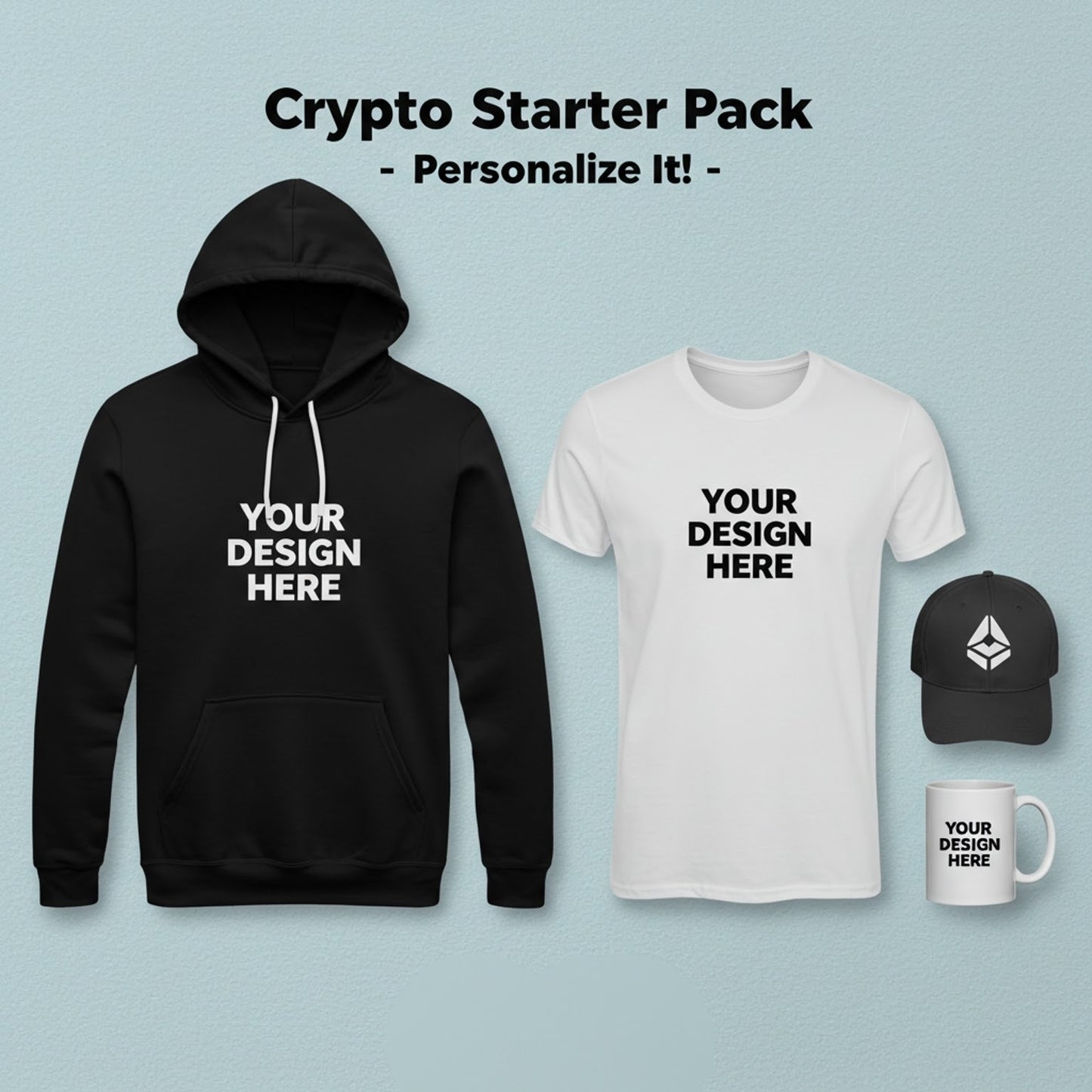 Crypto bundle with personalized hoodie, t-shirt, mug, and cap – perfect gift for crypto lovers