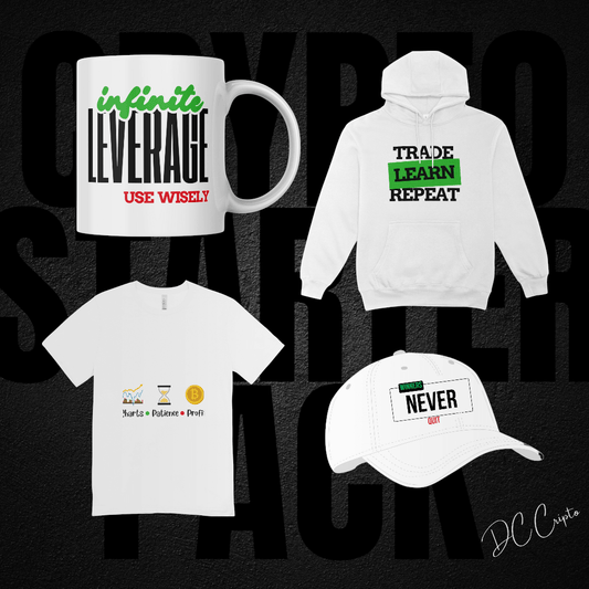Crypto Starter Pack for traders – Includes hoodie, t-shirt, cap, and mug.