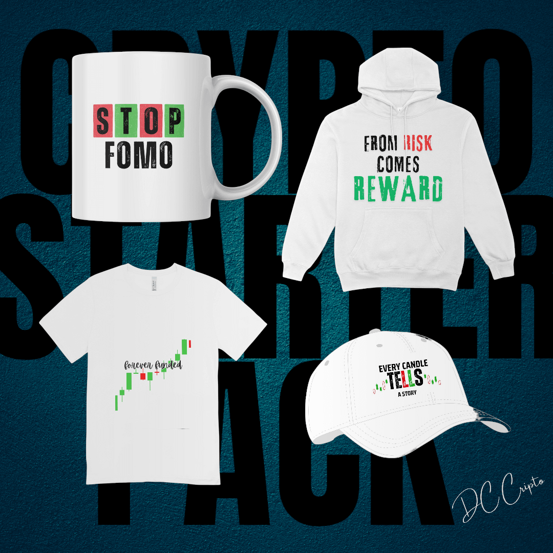 Crypto Starter Pack for traders – Includes hoodie, t-shirt, cap, and mug.