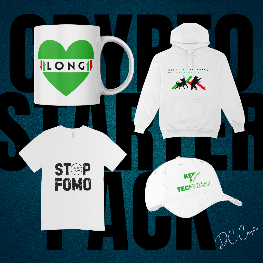 Crypto Starter Pack for traders – Includes hoodie, t-shirt, cap, and mug.