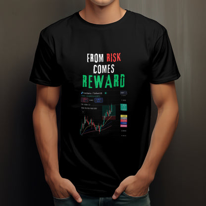 Trading t-shirt with motivational quote and customizable trading chart – perfect gift for crypto and stock traders