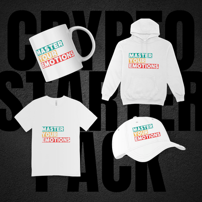 Crypto Starter Pack for traders – Includes hoodie, t-shirt, cap, and mug.