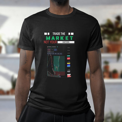 Crypto and stock market t-shirt with “Your Trade Here” overlay design