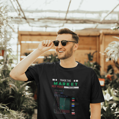 Crypto and stock market t-shirt with “Your Trade Here” overlay design