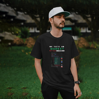 Crypto and stock market t-shirt with “Your Trade Here” overlay design