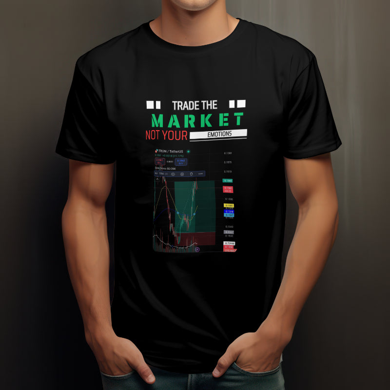 Crypto and stock market t-shirt with “Your Trade Here” overlay design
