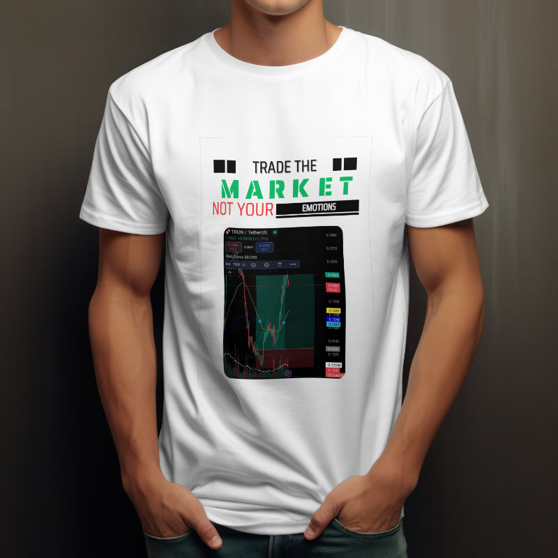 Crypto and stock market t-shirt with “Your Trade Here” overlay design