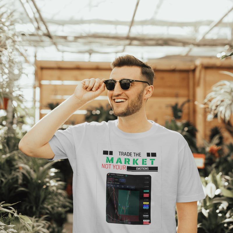 Crypto and stock market t-shirt with “Your Trade Here” overlay design
