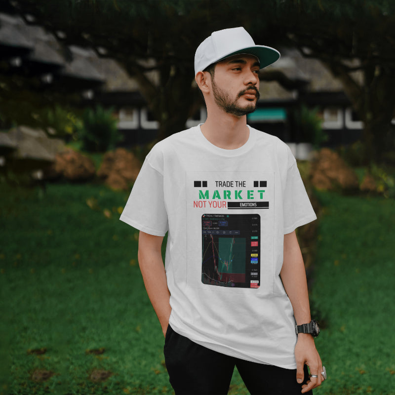 Crypto and stock market t-shirt with “Your Trade Here” overlay design