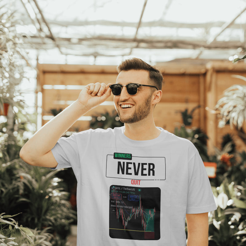 Trading t-shirt with motivational quote and customizable trading chart – perfect gift for crypto and stock traders