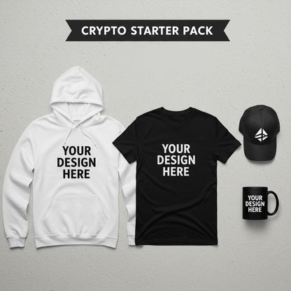 Crypto bundle with personalized hoodie, t-shirt, mug, and cap – perfect gift for crypto lovers