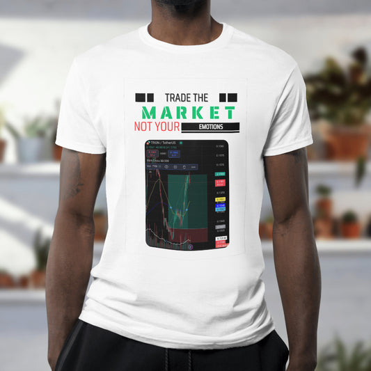 Crypto and stock market t-shirt with “Your Trade Here” overlay design